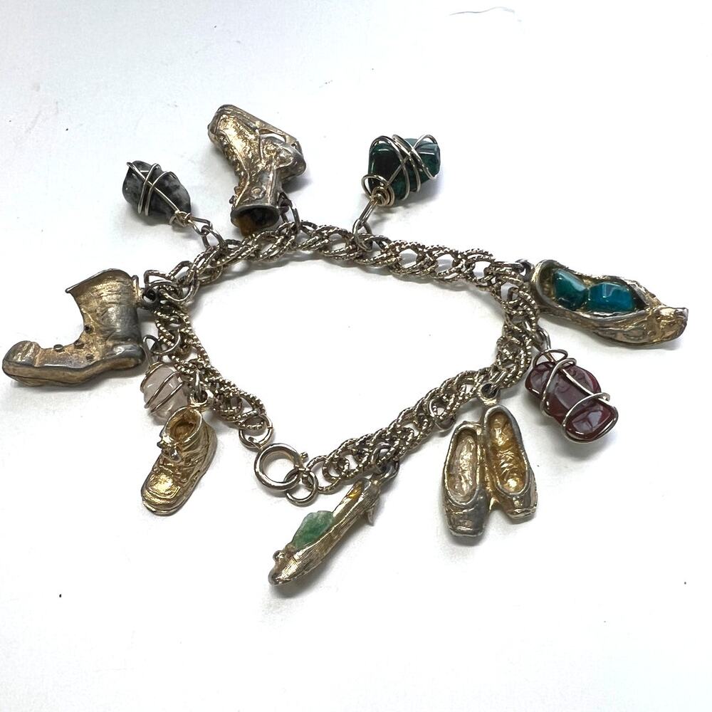 Vintage 60's Charm Bracelet Shoe Charms Gemstones Jewelry Whimsical Mid Century